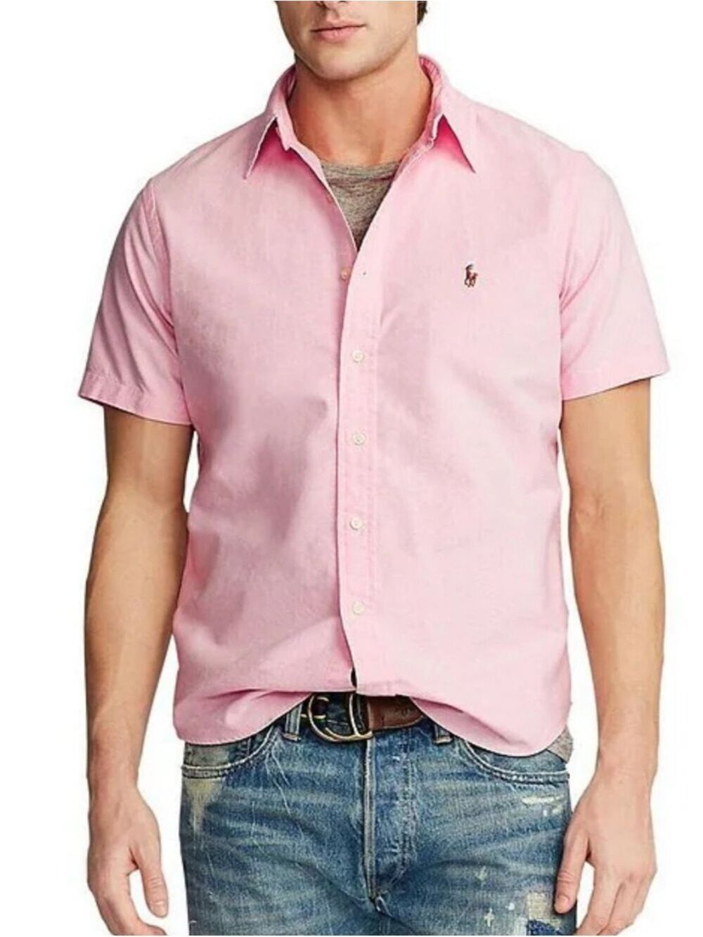 MEN'S RALPH LAUREN SOLID PINK OXFORD SHORT SLEEVE WOVEN SHIRT SIZE MEDIUM